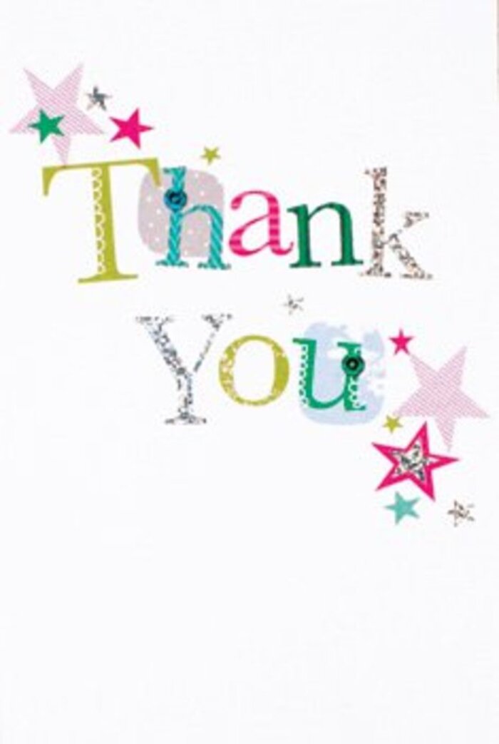 Embodied in this thank you card is a sense of cheerful gratitude rooted in the character of Hillingdon. The immaculately white card showcases 'Thank You' in lively, individual letters, each bursting with pattern and hue-rich lime, bold fuchsia, tranquil blue-punctuated with dots, stitched lines, and a hint of silvery sparkle. Some letters curl playfully while others stand straight, echoing the unique charm of Hillingdon's tree-lined streets. Sprinkled around the text, a constellation of stars in pink, turquoise, and gleaming silver cluster as if blessing the message above. The composition feels both modern and welcoming, like families gathering at Fassnidge Park-a celebration that bridges festive spirit and heartfelt connection. The glimmering textures suggest a tactile pleasure, inviting touch as much as vision, much like the satisfying feel of a hand-tied bouquet from Flower Delivery Hillingdon. This card's artistry conjures an atmosphere of easy appreciation, perfect for expressing thanks at a neighbourhood gathering or for brightening someone's day with a local floral delivery. The design is neither too elaborate nor too plain, striking a balanced, universal warmth reflective of Hillingdon's tight-knit community. It is a card made for sharing joy, echoing the sincerity of a thank you whispered among friends and neighbours.