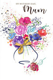 This artistic Mother's Day card features a vibrant watercolour bouquet that captures the feeling of bringing fresh blooms home from a favourite Hillingdon florist. At the heart of the illustration, lush flowers in saturated pinks, cerise, and magenta gather in an exuberant cluster, their loosely rendered petals outlined with confident indigo strokes. The colours bleed gently into one another, creating soft gradients that mimic the way natural petals shift from deep tones at the centre to paler edges. Interspersed among these warmer shades are cool accents of lavender, periwinkle, and gentle blue, suggesting complementary blossoms that give the arrangement breathing space and serenity. Light splashes of green indicate stylised foliage, framing the flowers without overwhelming them. Fine golden lines and tiny shimmering touches trace around petals and leaves, adding an elegant glow that feels festive yet refined, like a special bouquet prepared for a once-a-year occasion. The flowers appear to spring from a simple vase at the bottom of the composition, its soft, rounded form hinted at with pale greys and blues and cinched with a neat golden bow that recalls lovingly tied gift ribbon. Around the outer edges, scattered droplets of paint, heart shapes, and dashes of colour create a sense of joyful movement, as if petals were thrown into the air in celebration. The white background keeps everything airy and bright, drawing focus to the emotion carried by the flowers. The image conveys warmth, gratitude, and the gentle joy of Mother's Day, perfect alongside a fresh delivery to homes across Hillingdon.