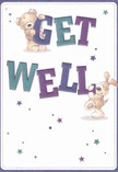 Lively, whimsical energy shines through this get well card, with two delightful characters-a teddy bear and a floppy-eared puppy-joyfully clutching vibrant, oversized letters that spell out 'Get Well.' The bear's gentle smile and plush, shaded fur radiate comfort, while the puppy's expressive eyes and textured coat add playful warmth. Teal and indigo hues fill the typography, popping against a soft ivory background reminiscent of the light that streams through Hillingdon's windowed shops in the morning. Across the card, twinkling stars in deep blues and purples add a touch of hope and gentle encouragement-a subtle reminder of peaceful local nights. Every illustrated detail is crafted as meticulously as a hand-tied bouquet, inviting thoughts of shared comfort and caring gestures so typical in the borough. This card not only delivers a heartfelt message but carries an emotional embrace that's as soothing as flowers sent to a friend recovering nearby, making it perfect for delivering genuine kindness across Hillingdon.